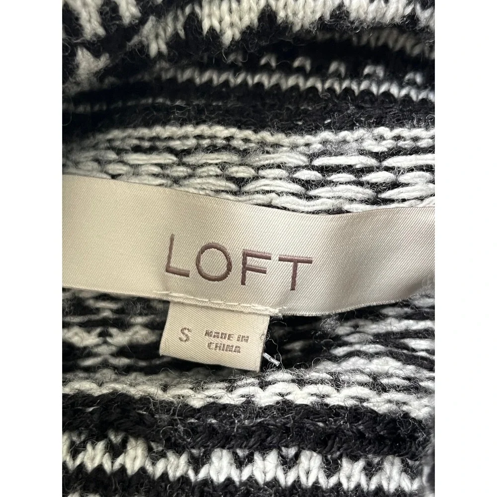 LOFT Fair Isle Penguin Tree Print Cowl Neck Sweater wool mix Small Black White s